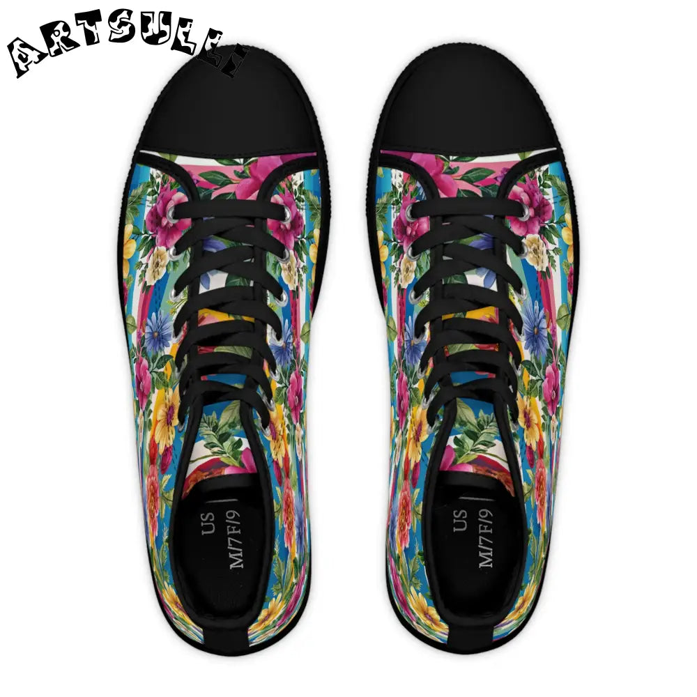 Floral and Striped High Top Sneakers, Artsulli - Art is Long, Life is Short, Shoes, , , , , , , 