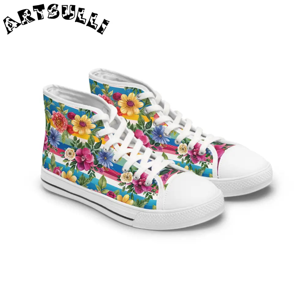 Floral and Striped High Top Sneakers, Artsulli - Art is Long, Life is Short, Shoes, Size, US 5.5, Color, White sole, , , 28925410734645915333