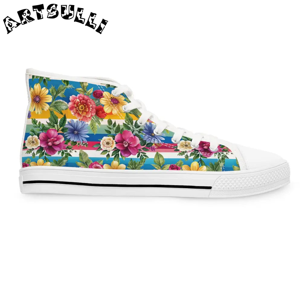 Floral and Striped High Top Sneakers, Artsulli - Art is Long, Life is Short, Shoes, , , , , , , 