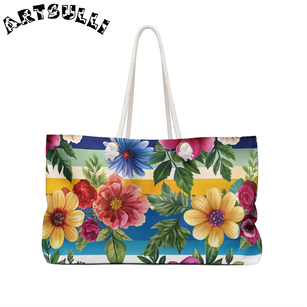 Floral and Striped Weekender Tote, Artsulli - Art is Long, Life is Short, Bags, , , , , , , 