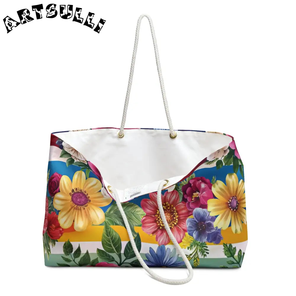 Floral and Striped Weekender Tote, Artsulli - Art is Long, Life is Short, Bags, , , , , , , 