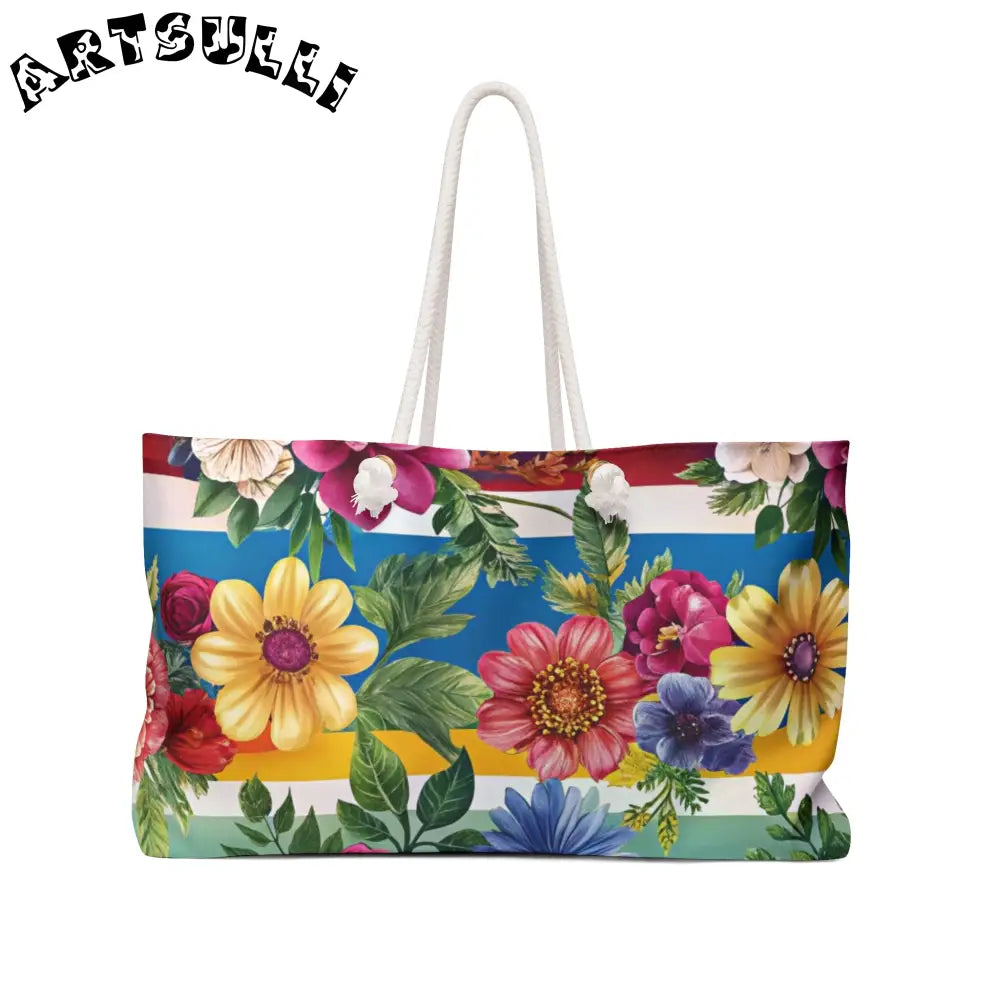 Floral and Striped Weekender Tote, Artsulli - Art is Long, Life is Short, Bags, Size, 24" × 13", , , , , 18900122401321996611