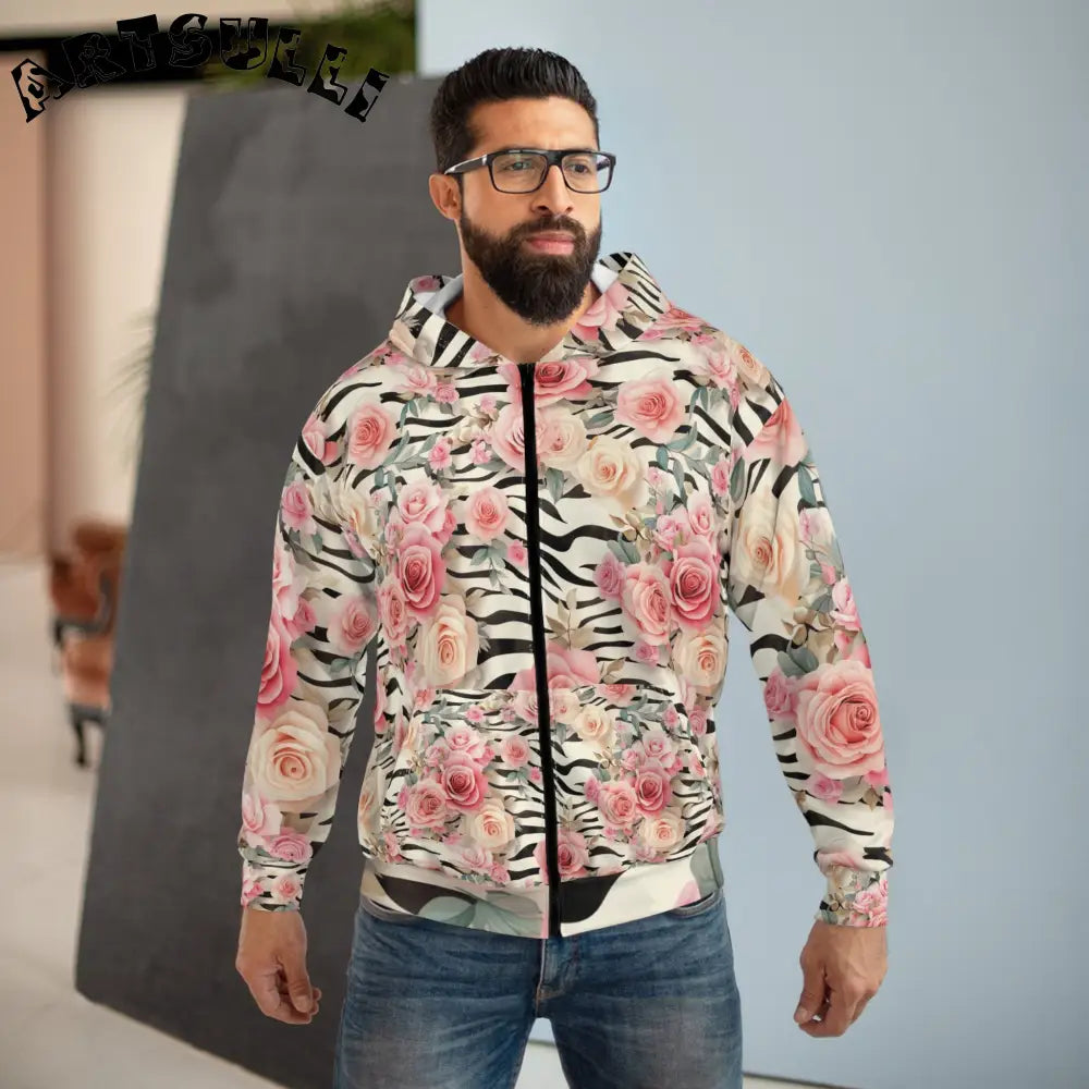 Floral and Zebra Print Zip Hoodie, Artsulli - Art is Long, Life is Short, All Over Prints, , , , , , , 