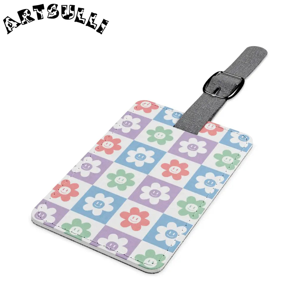 Floral Checkered Luggage Tag with Gray Strap, Artsulli - Art is Long, Life is Short, Accessories, , , , , , , 