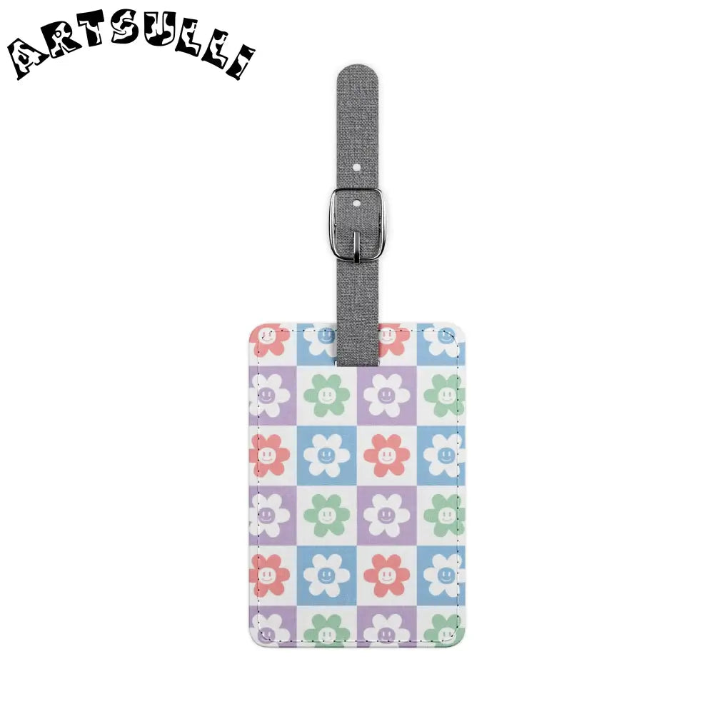 Floral Checkered Luggage Tag with Gray Strap, Artsulli - Art is Long, Life is Short, Accessories, Size, One size, Shape, Rectangle, , , 38820277014582143071