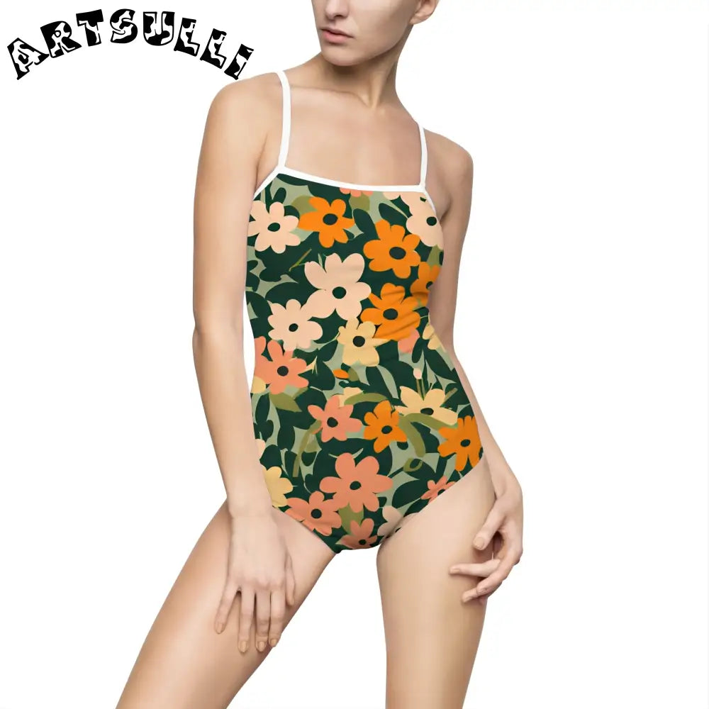 Floral Cutout One-Piece Swimsuit, Artsulli - Art is Long, Life is Short, All Over Prints, Size, XS, Color, White, , , 25622405495371096014