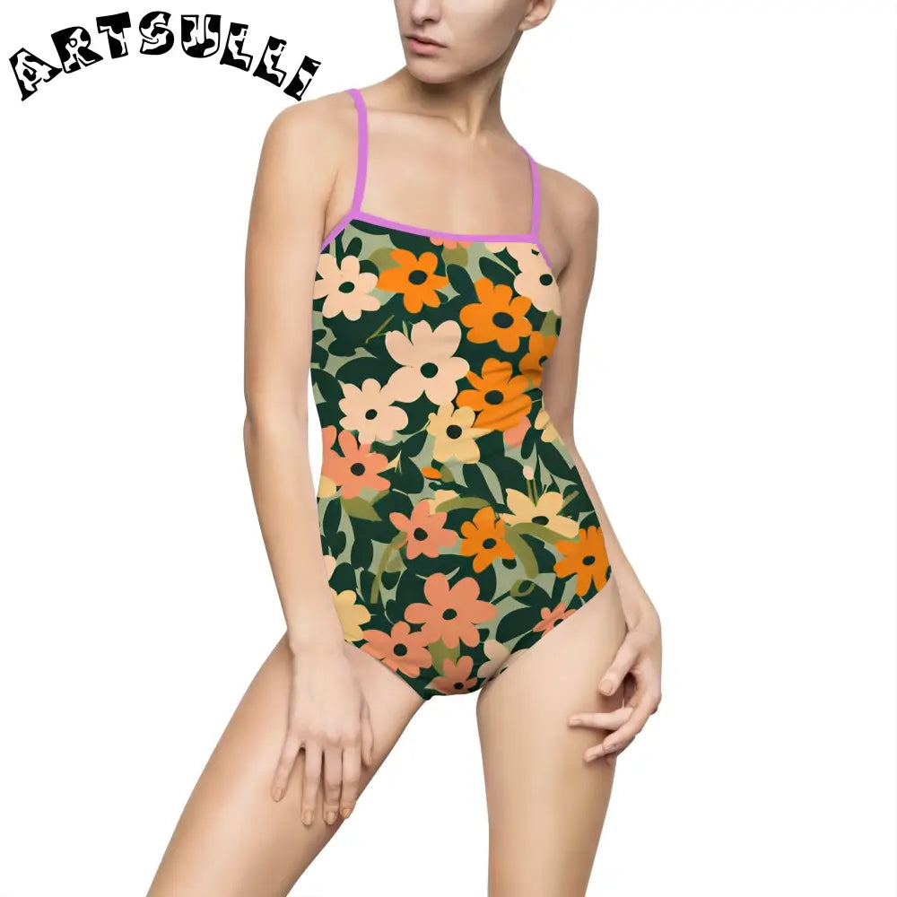 Floral Cutout One-Piece Swimsuit, Artsulli - Art is Long, Life is Short, All Over Prints, Size, XS, Color, Purple, , , 14539220353219348397