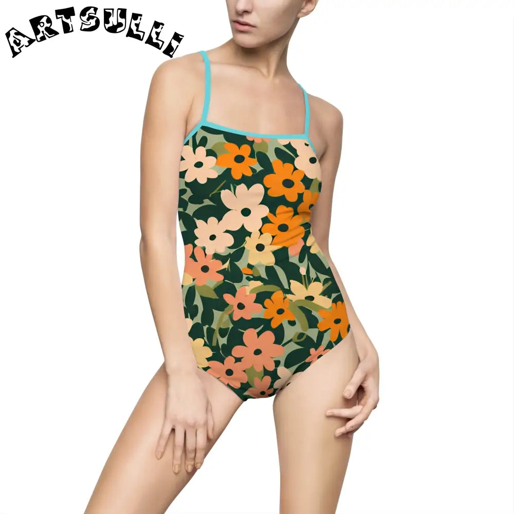 Floral Cutout One-Piece Swimsuit, Artsulli - Art is Long, Life is Short, All Over Prints, Size, XS, Color, Ocean, , , 64529557301081469661