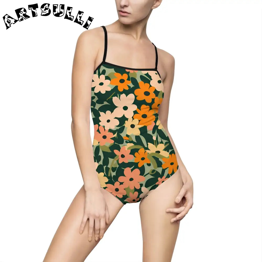 Floral Cutout One-Piece Swimsuit, Artsulli - Art is Long, Life is Short, All Over Prints, Size, XS, Color, Black, , , 32016334843272791547
