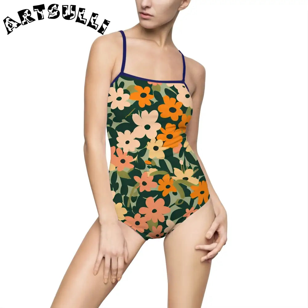 Floral Cutout One-Piece Swimsuit, Artsulli - Art is Long, Life is Short, All Over Prints, Size, XS, Color, Navy, , , 21238014243474212813