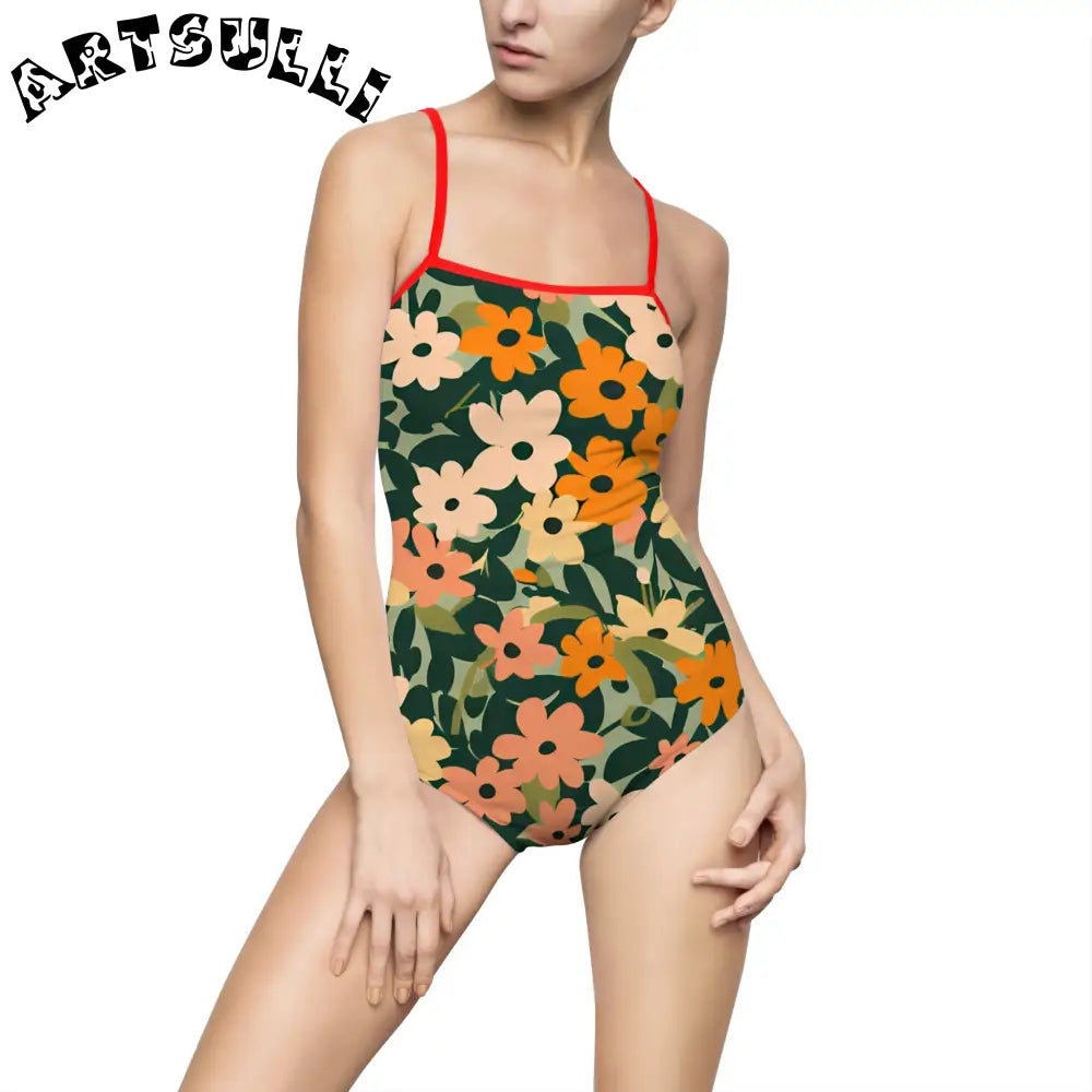 Floral Cutout One-Piece Swimsuit, Artsulli - Art is Long, Life is Short, All Over Prints, Size, XS, Color, Red, , , 21062390852794359701