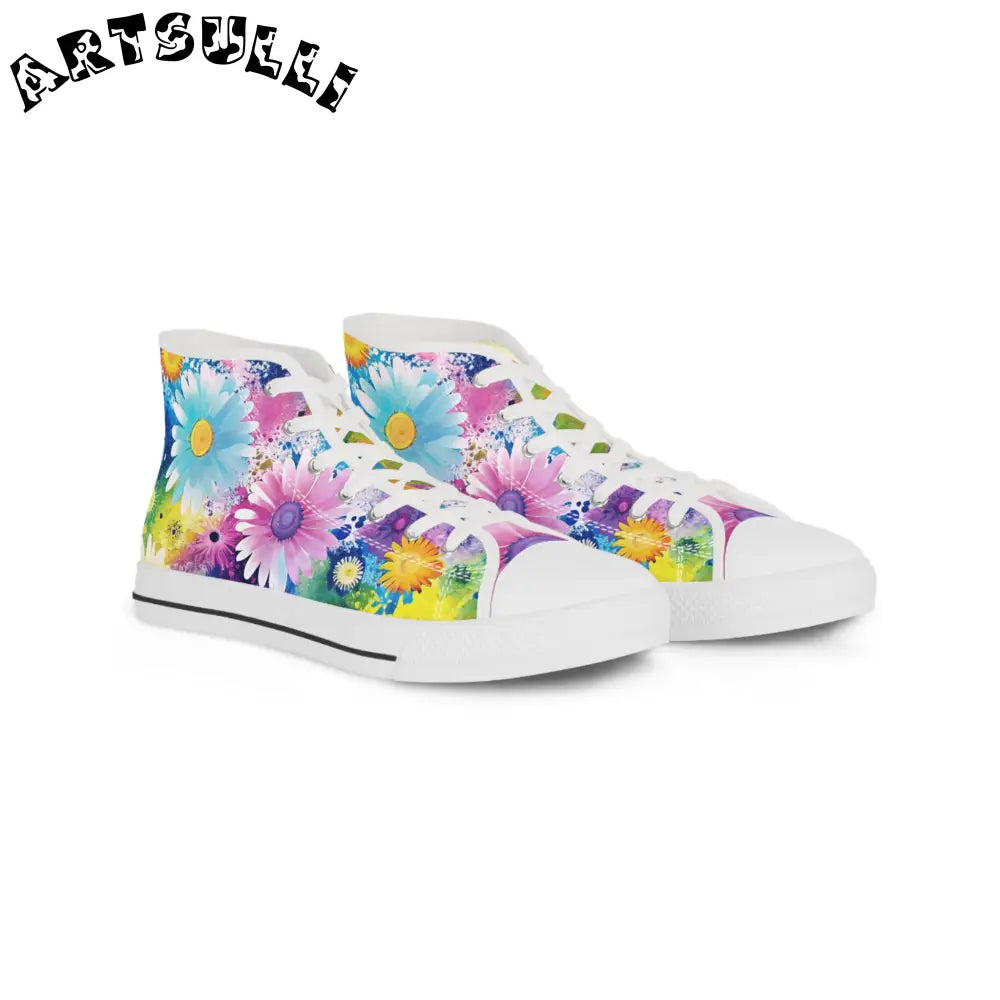Floral Explosion III Purple and Blue Men's High-Top Sneakers with Hi-Poly Deodorant Memory, Artsulli - Art is Long, Life is Short, Shoes, Size, US 5, Color, White sole, , , 12119531586923353733