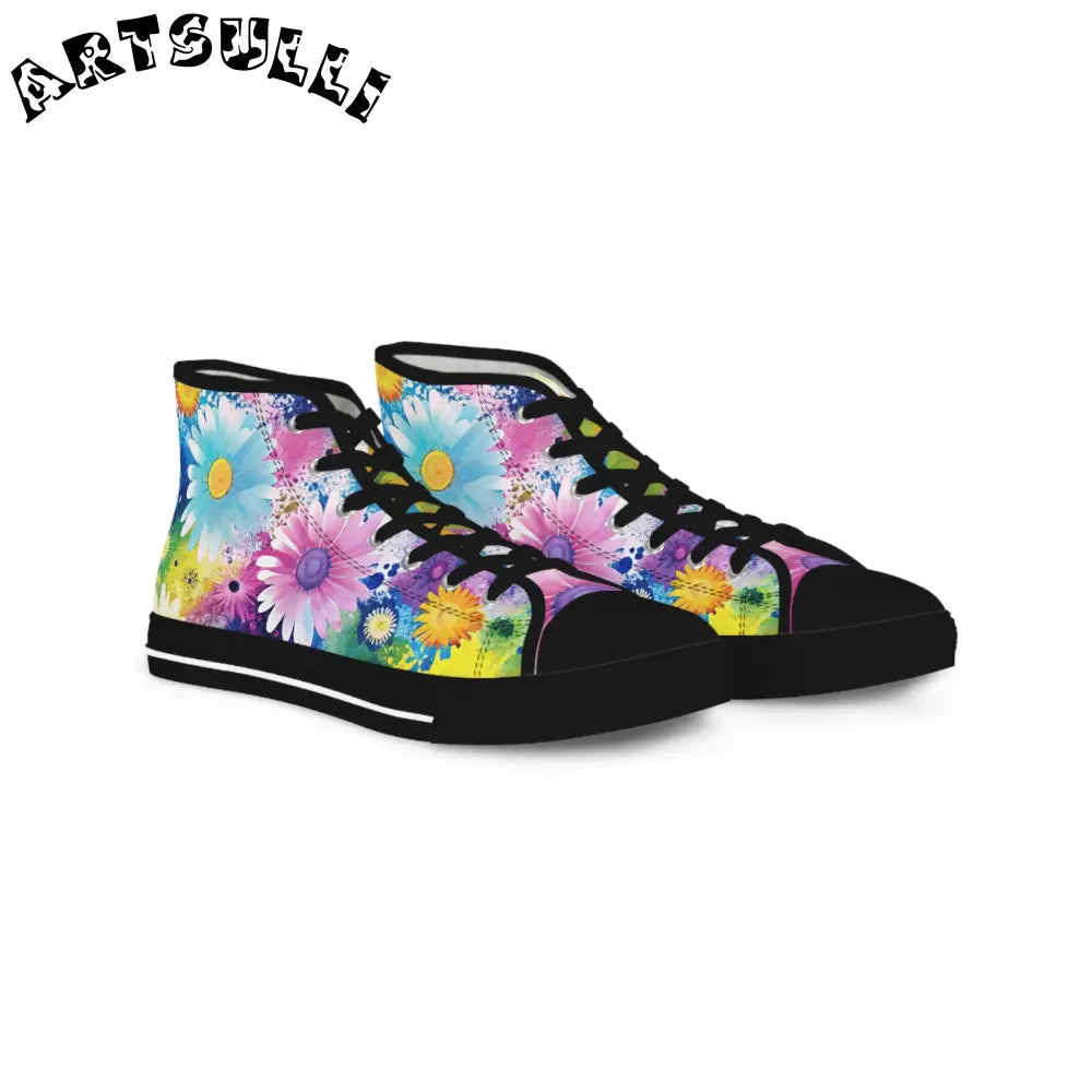 Floral Explosion III Purple and Blue Men's High-Top Sneakers with Hi-Poly Deodorant Memory, Artsulli - Art is Long, Life is Short, Shoes, Size, US 5, Color, Black sole, , , 20920326036347802118