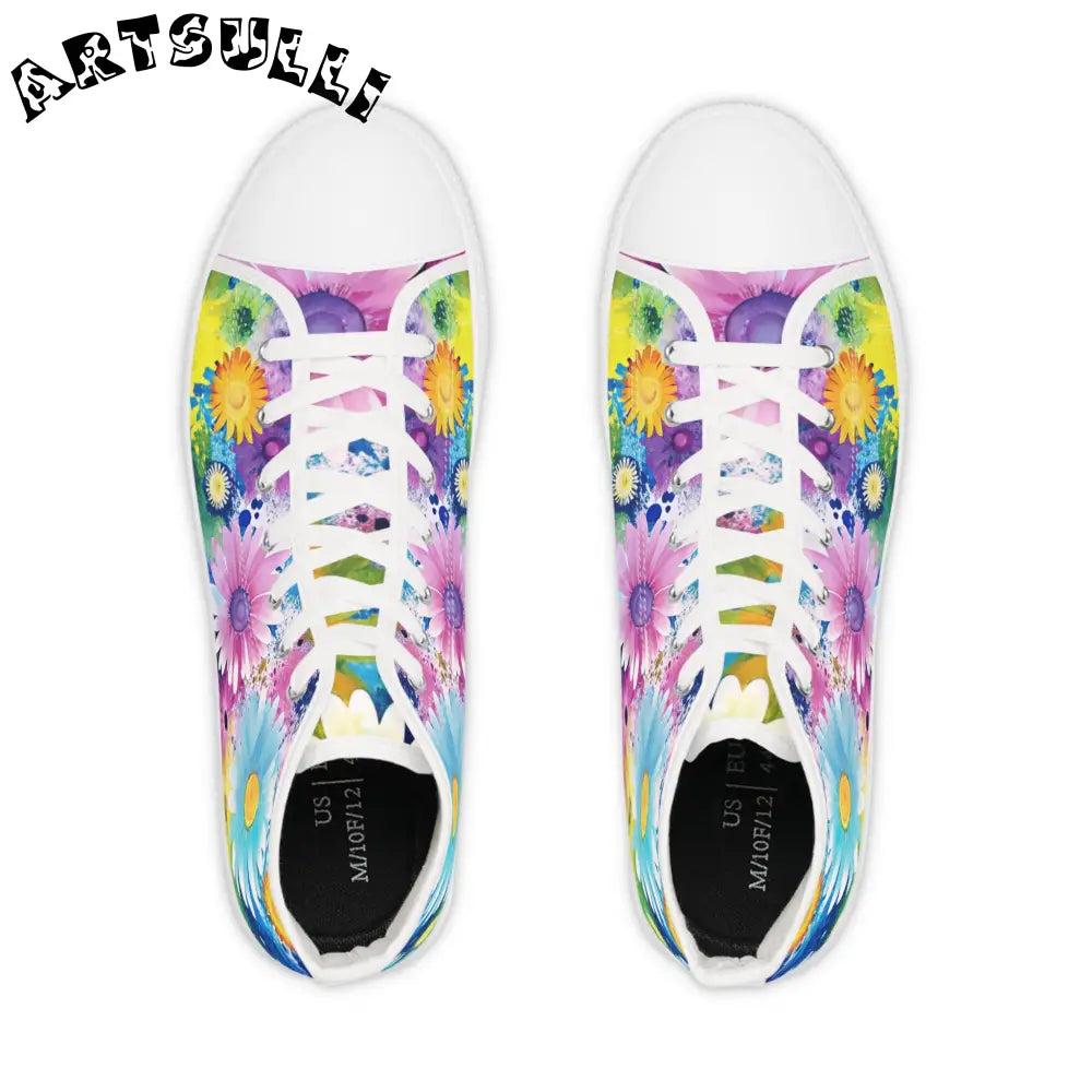 Floral Explosion III Purple and Blue Men's High-Top Sneakers with Hi-Poly Deodorant Memory, Artsulli - Art is Long, Life is Short, Shoes, , , , , , , 