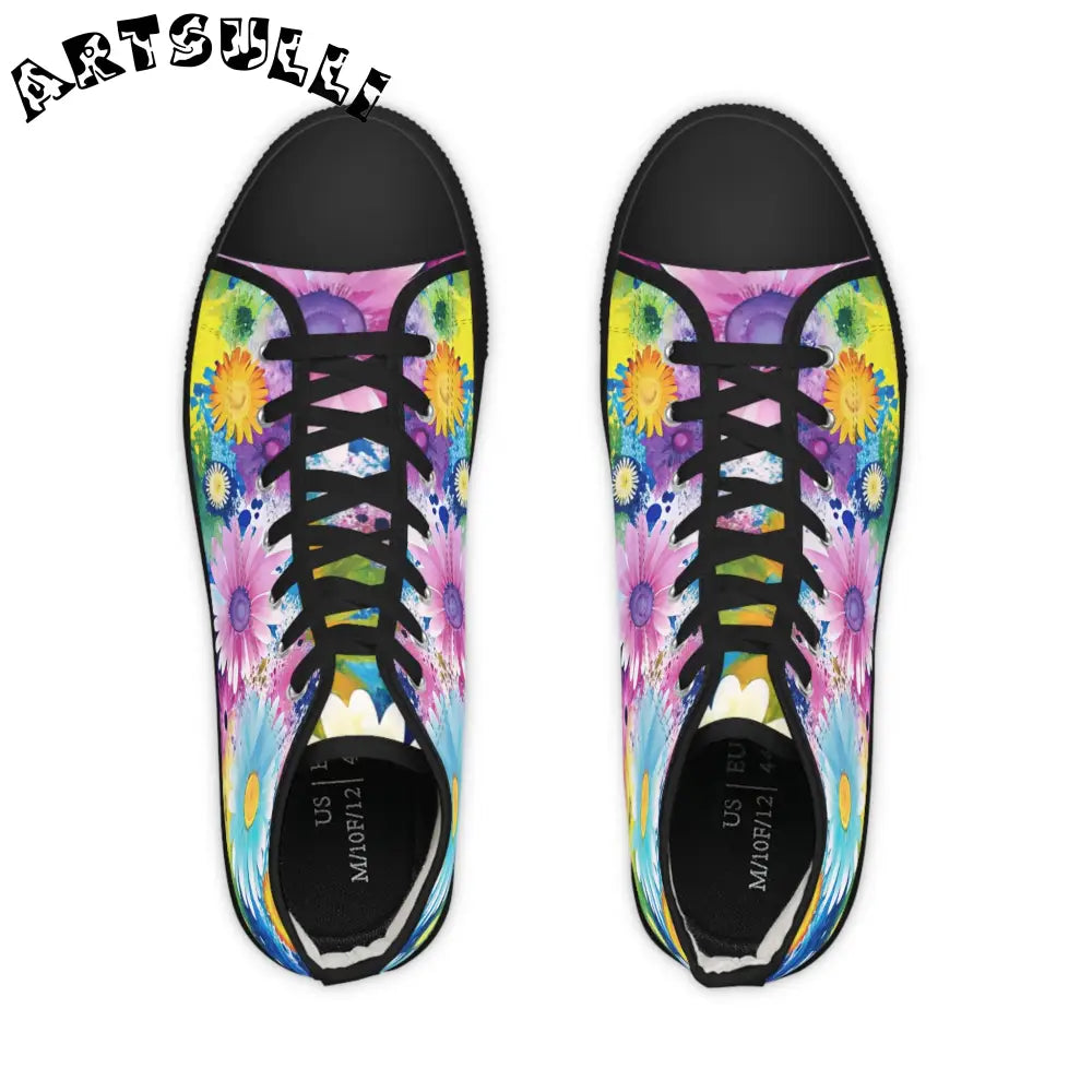 Floral Explosion III Purple and Blue Men's High-Top Sneakers with Hi-Poly Deodorant Memory, Artsulli - Art is Long, Life is Short, Shoes, , , , , , , 