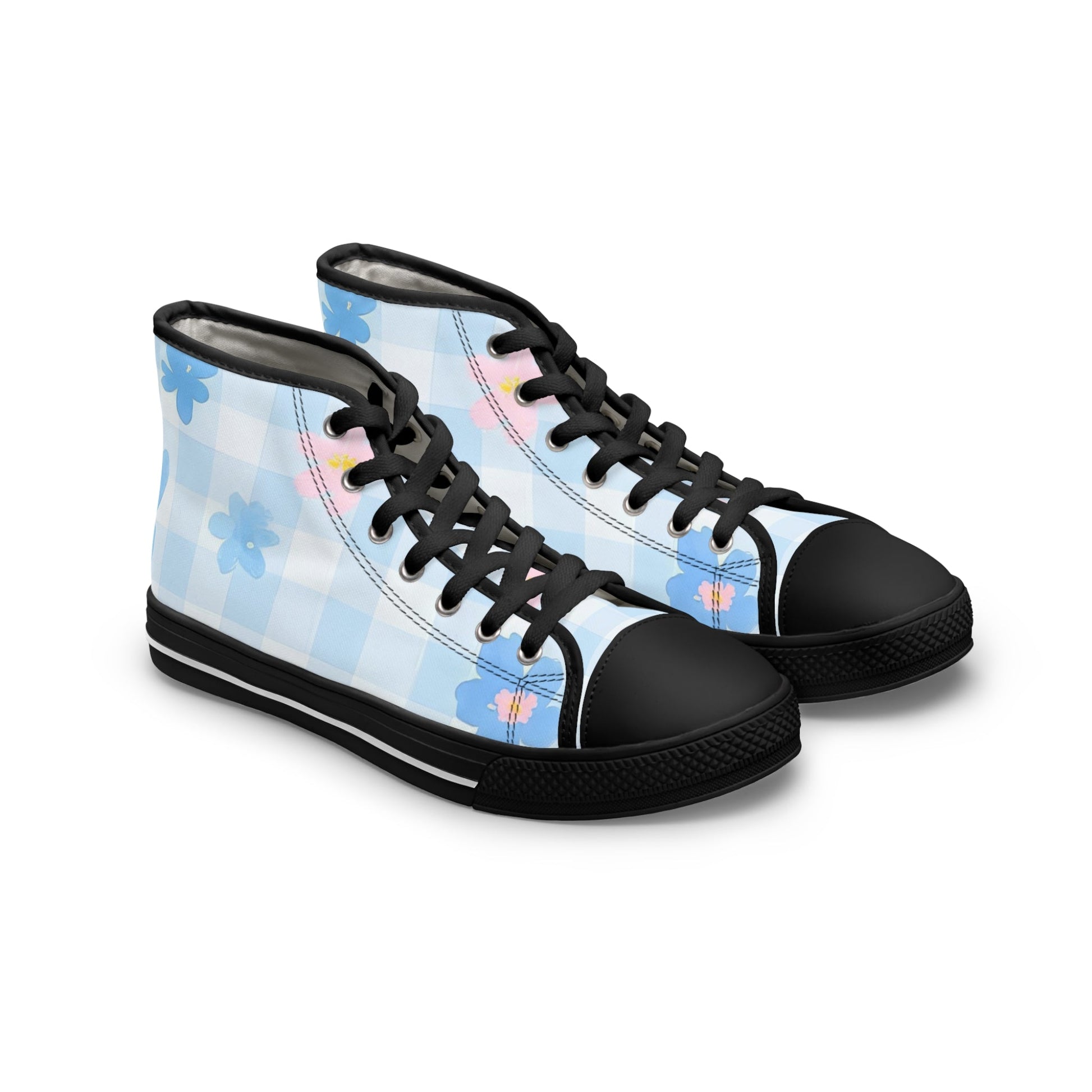 Floral Gingham High Top Sneakers, Artsulli - Art is Long, Life is Short, Shoes, Size, US 5.5, Color, Black sole, , , 11292988053572143738