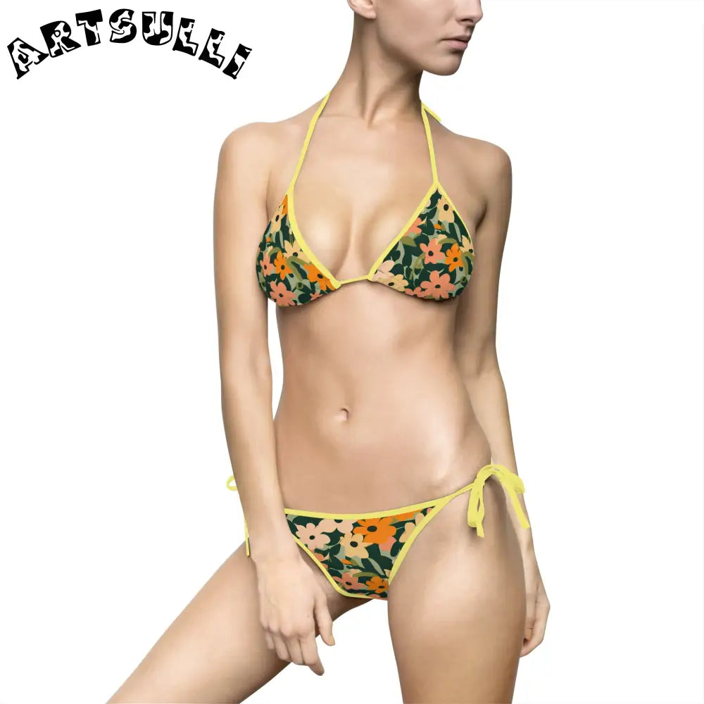Floral Halter Tie-Side Bikini Swimsuit, Artsulli - Art is Long, Life is Short, All Over Prints, Size, S, Color, Yellow, , , 15813751250833576991