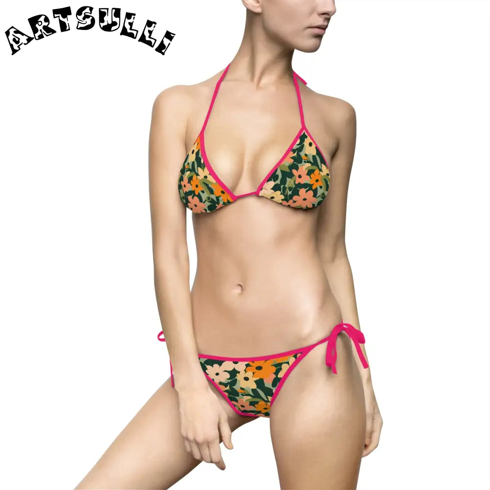 Floral Halter Tie-Side Bikini Swimsuit, Artsulli - Art is Long, Life is Short, All Over Prints, Size, S, Color, Pink, , , 28872245659319538341