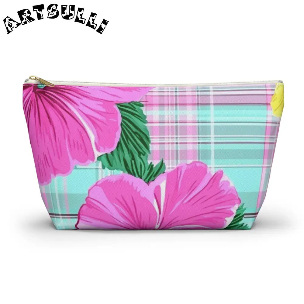 Floral Plaid Art Transferred Cosmetic Bag, Artsulli - Art is Long, Life is Short, Bags, Size, Large, Color, White zipper, , , 31978300090923723429