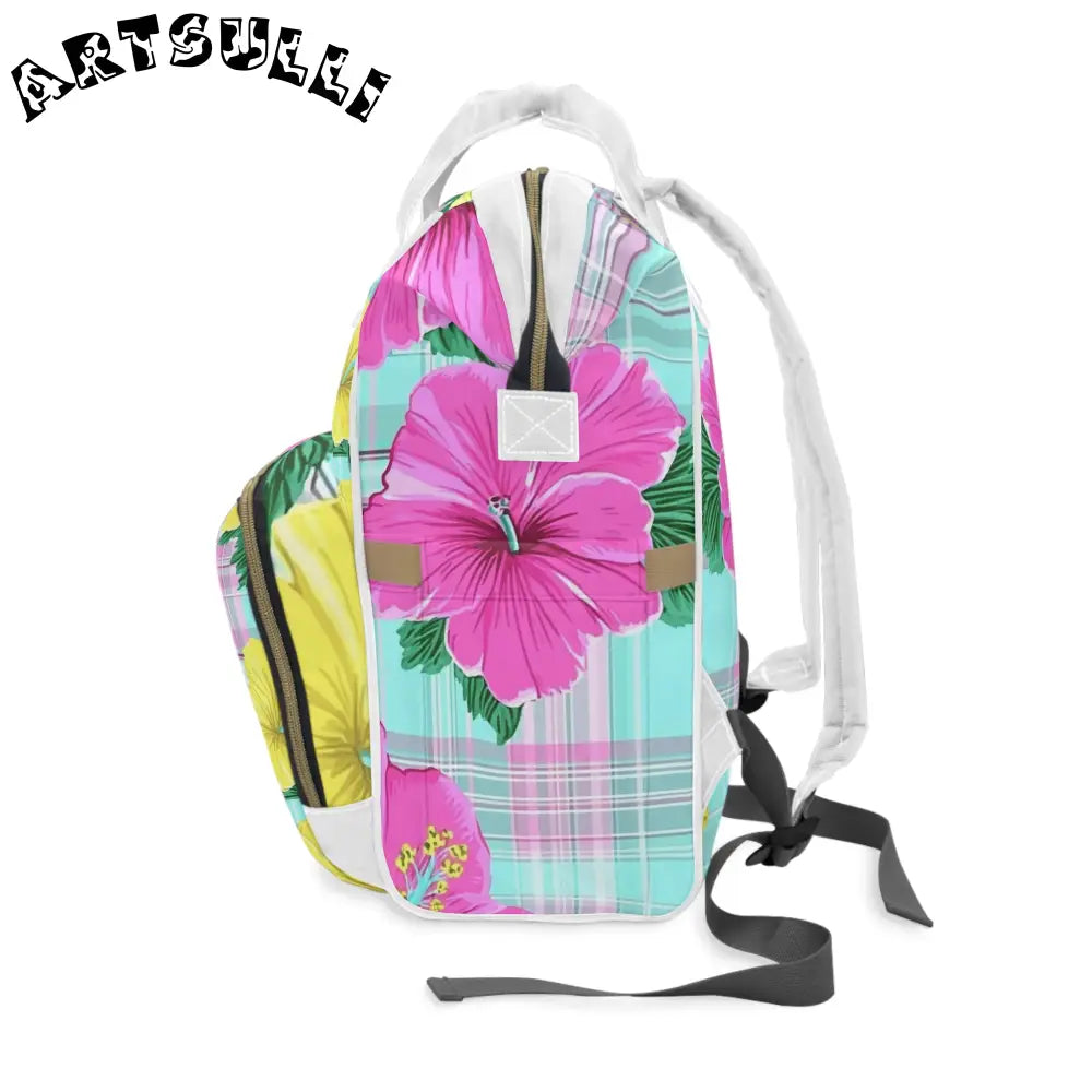Floral Plaid Multi-Purpose Diaper Backpack, Artsulli - Art is Long, Life is Short, Bags, , , , , , , 