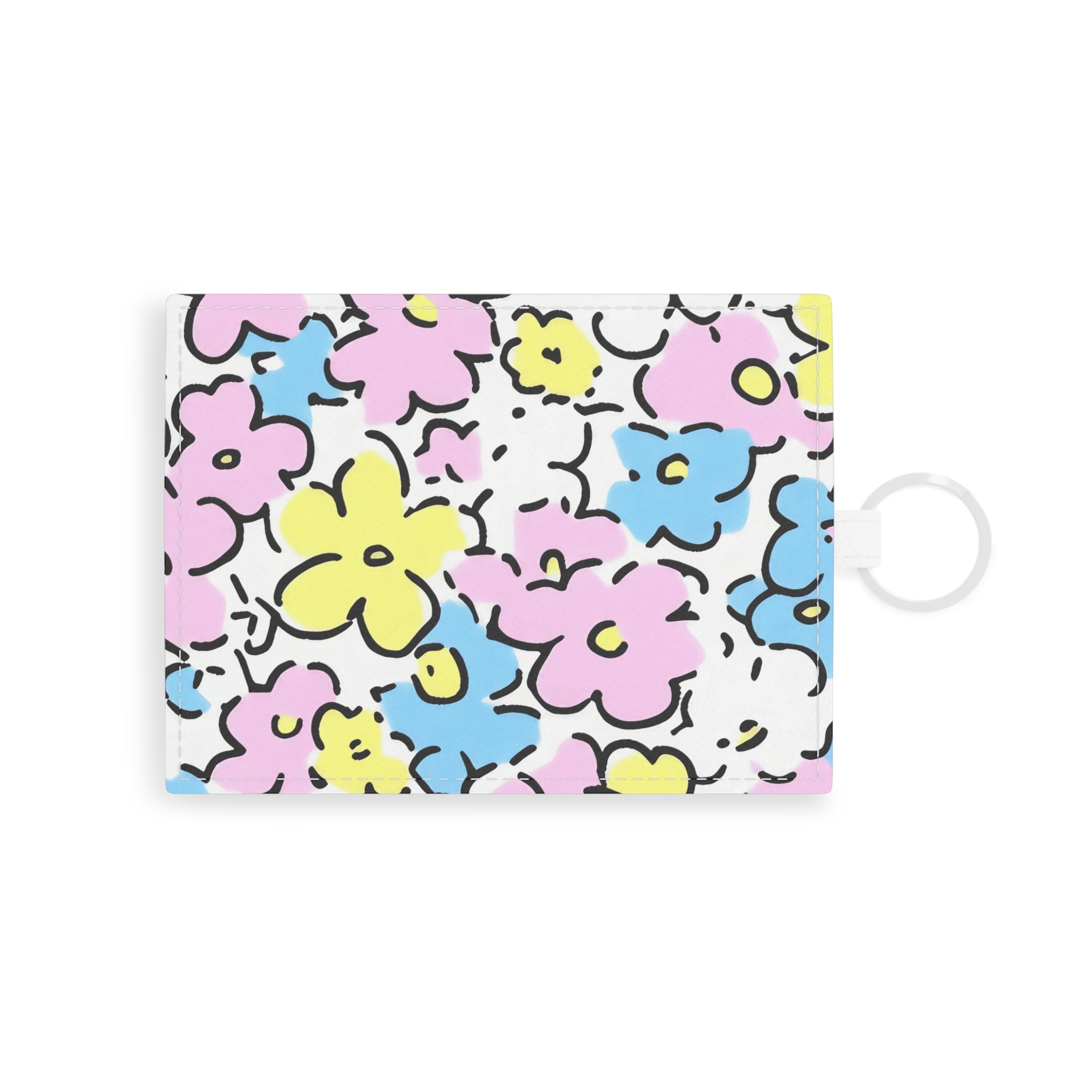 Floral Print Faux Leather Card Holder with Keyring, Artsulli - Art is Long, Life is Short, Accessories, Size, One size, Color, White, , , 17458020197867811731
