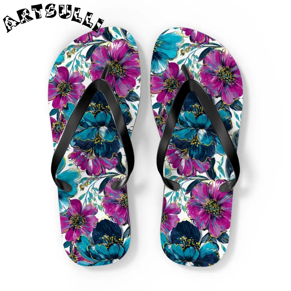 Floral Print Flip Flops, Artsulli - Art is Long, Life is Short, Shoes, Size, XL, Color, Black sole, , , 23566403315245082248