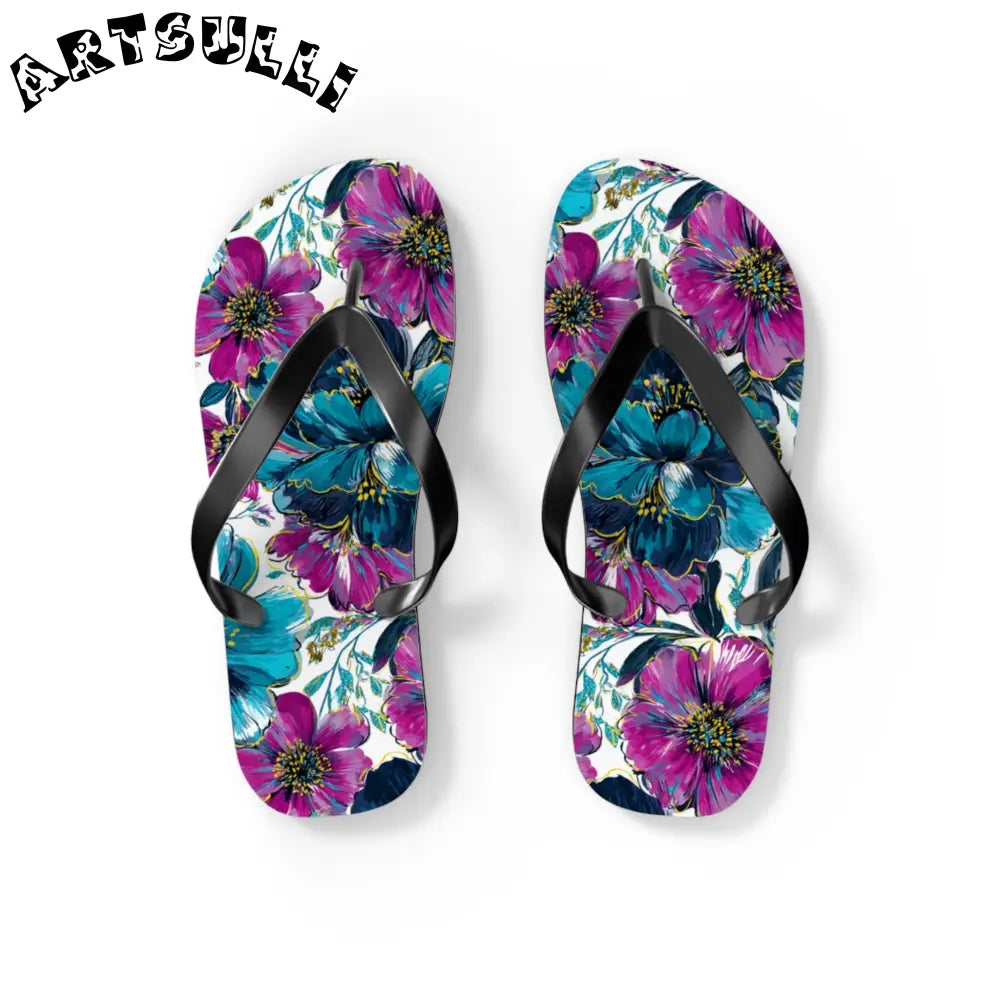 Floral Print Flip Flops, Artsulli - Art is Long, Life is Short, Shoes, Size, S, Color, Black sole, , , 32327163259875117359