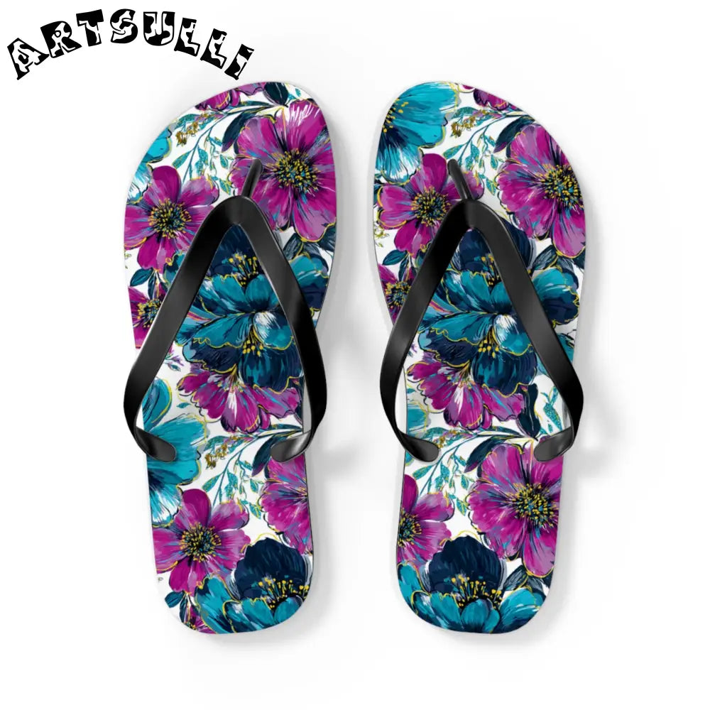 Floral Print Flip Flops, Artsulli - Art is Long, Life is Short, Shoes, Size, L, Color, Black sole, , , 84389082209246405807
