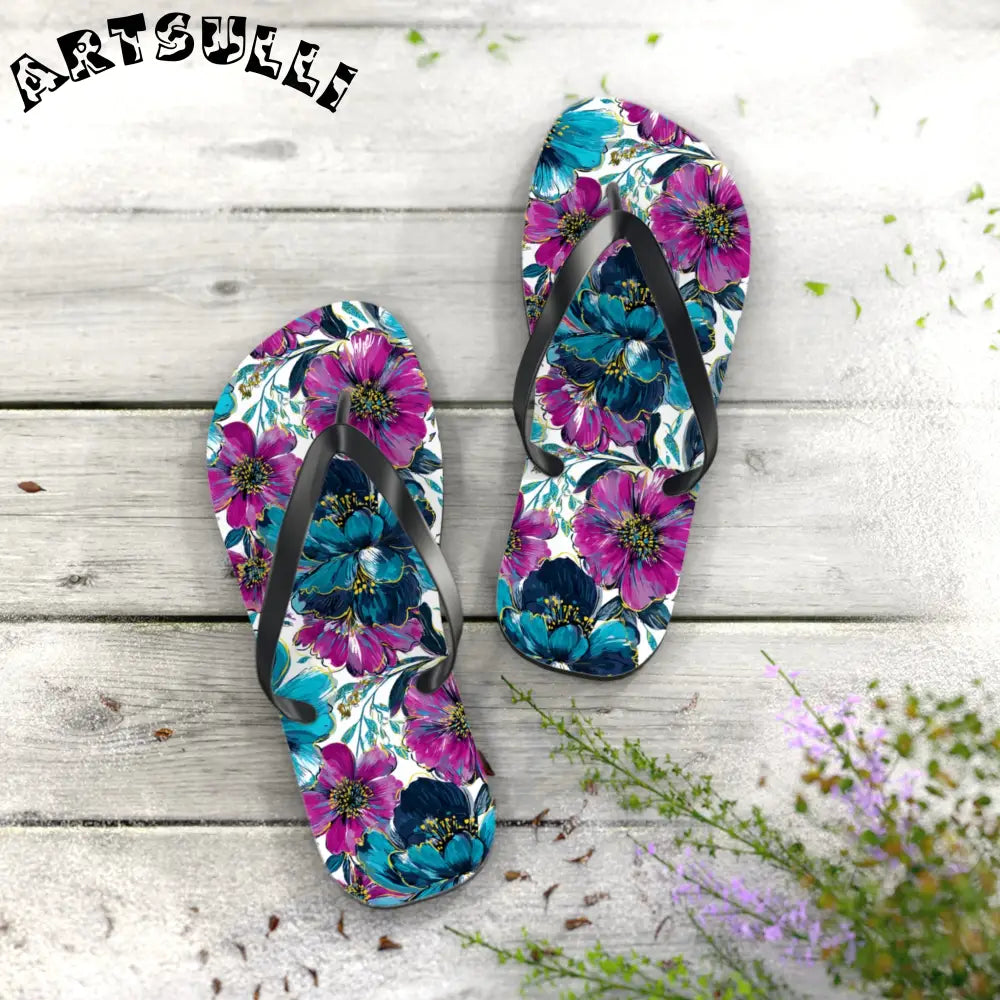 Floral Print Flip Flops, Artsulli - Art is Long, Life is Short, Shoes, , , , , , , 