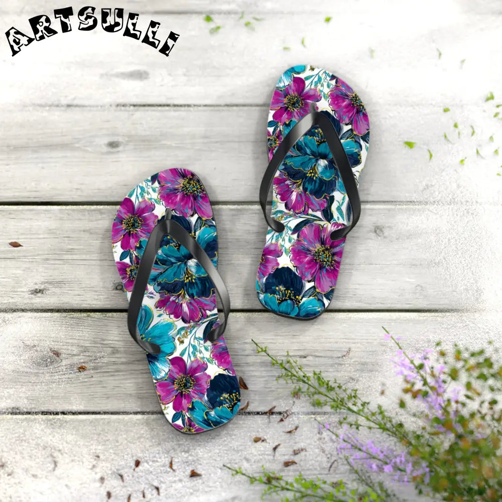 Floral Print Flip Flops, Artsulli - Art is Long, Life is Short, Shoes, , , , , , , 