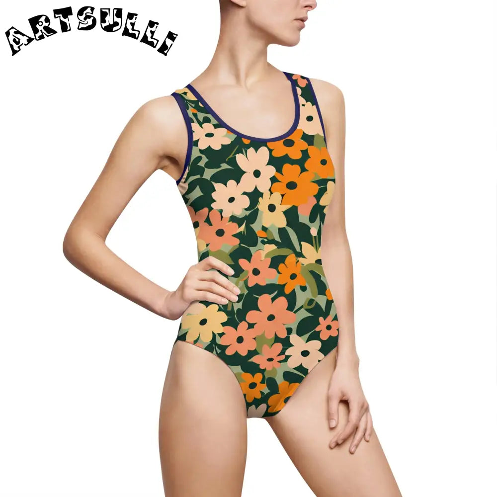 Floral Print One Piece Swimsuit, Artsulli - Art is Long, Life is Short, All Over Prints, Size, XS, Color, Navy, , , 24151616936476647429