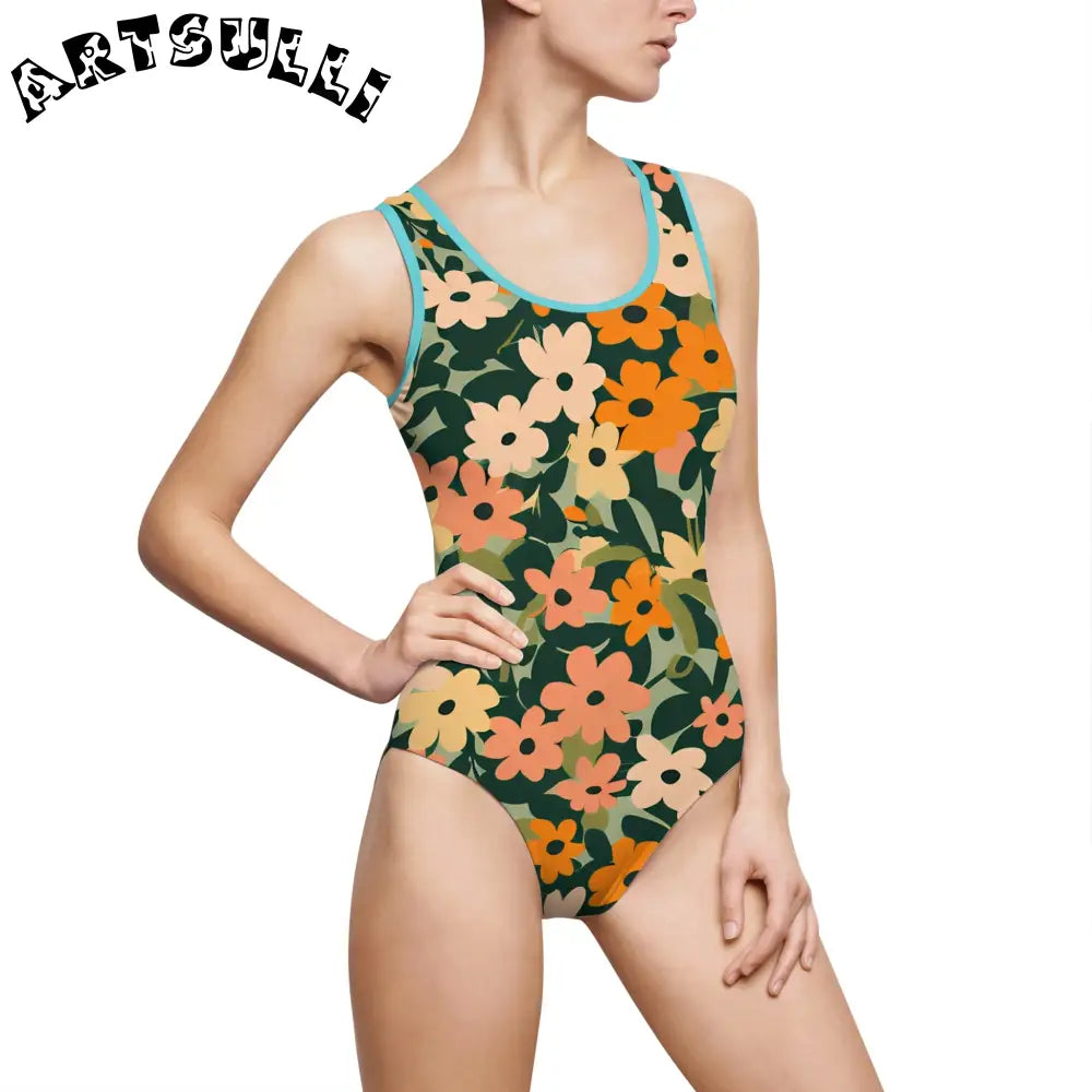 Floral Print One Piece Swimsuit, Artsulli - Art is Long, Life is Short, All Over Prints, Size, XS, Color, Ocean, , , 30824239334853957847