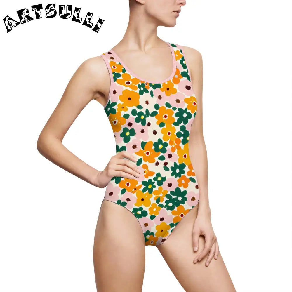 Floral Print One-Piece Swimsuit, Artsulli - Art is Long, Life is Short, All Over Prints, Size, XS, Color, Light Pink, , , 29443643374082950706