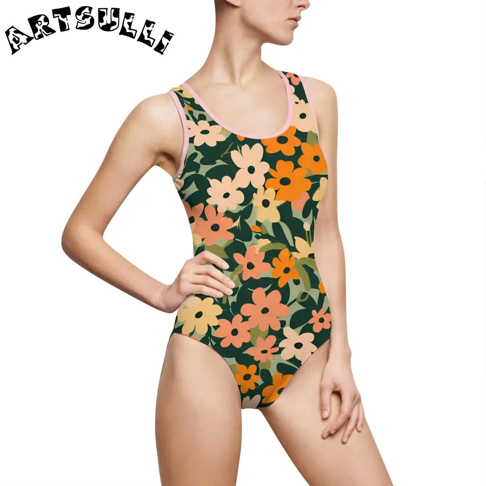 Floral Print One Piece Swimsuit, Artsulli - Art is Long, Life is Short, All Over Prints, Size, XS, Color, Light Pink, , , 33428438769389428508
