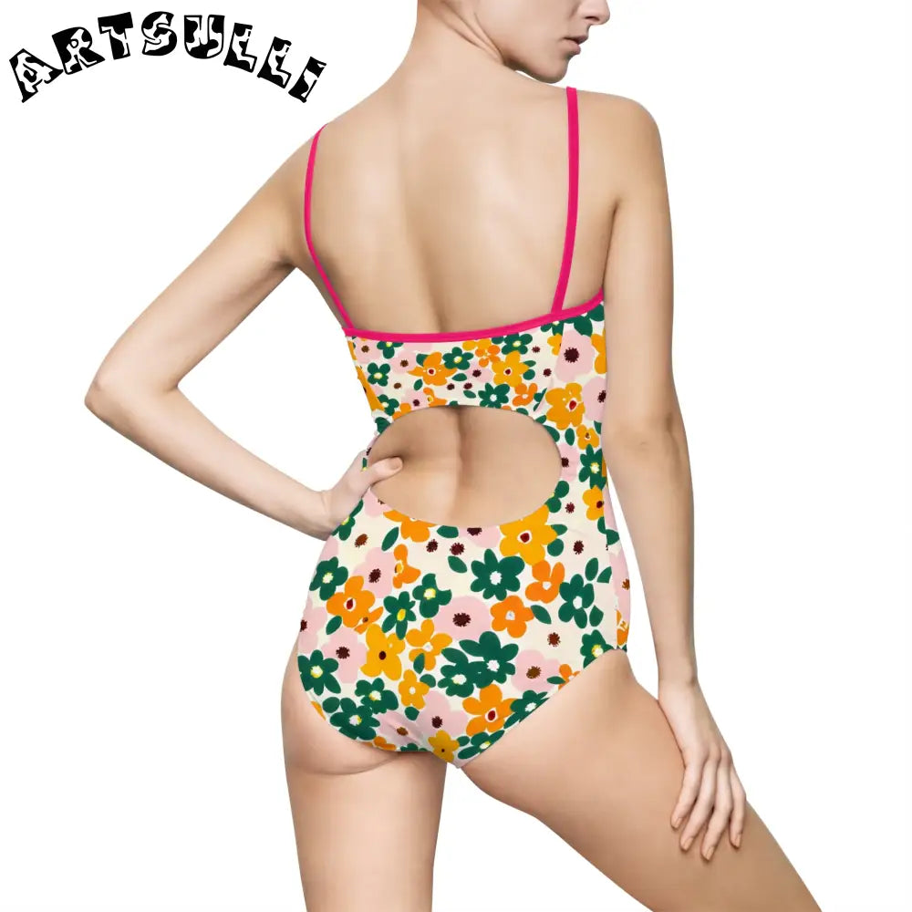 Floral Print Open Back One-Piece Swimsuit, Artsulli - Art is Long, Life is Short, All Over Prints, , , , , , , 