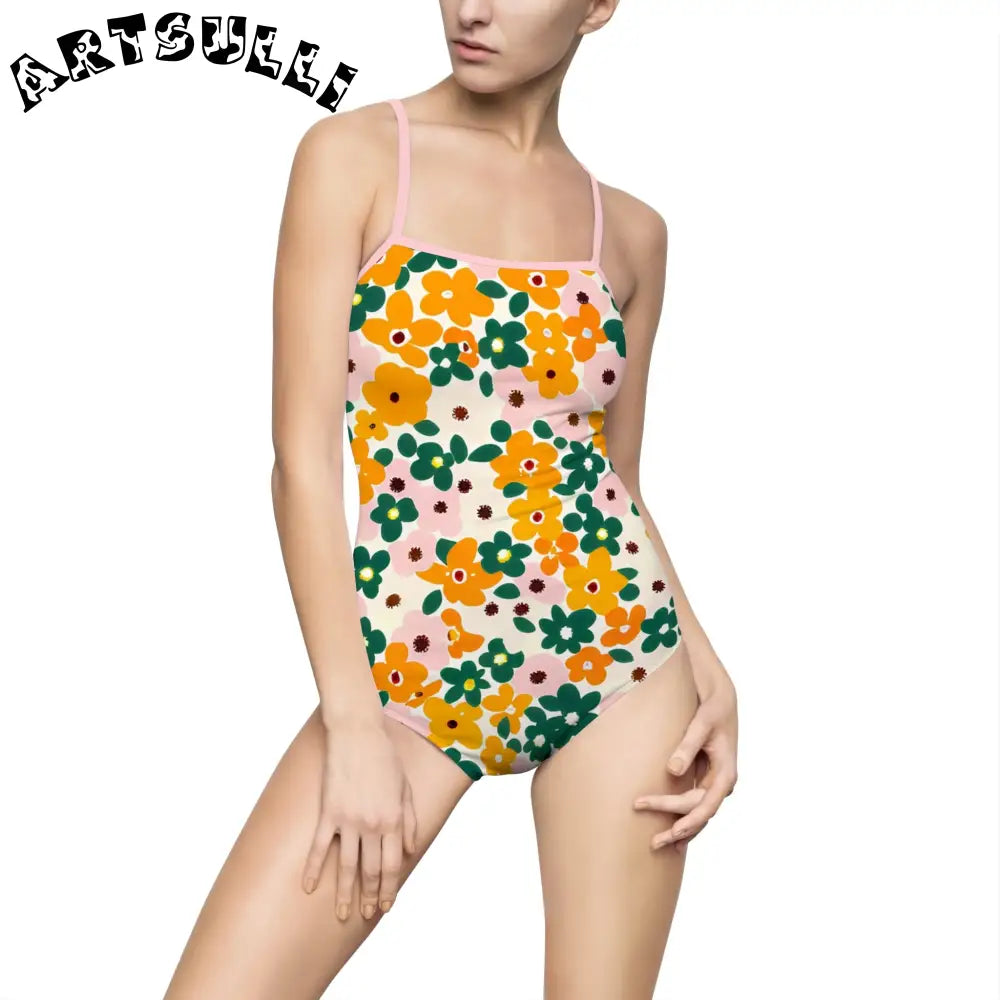 Floral Print Open Back One-Piece Swimsuit, Artsulli - Art is Long, Life is Short, All Over Prints, Size, XS, Color, Light Pink, , , 24200005866845382143