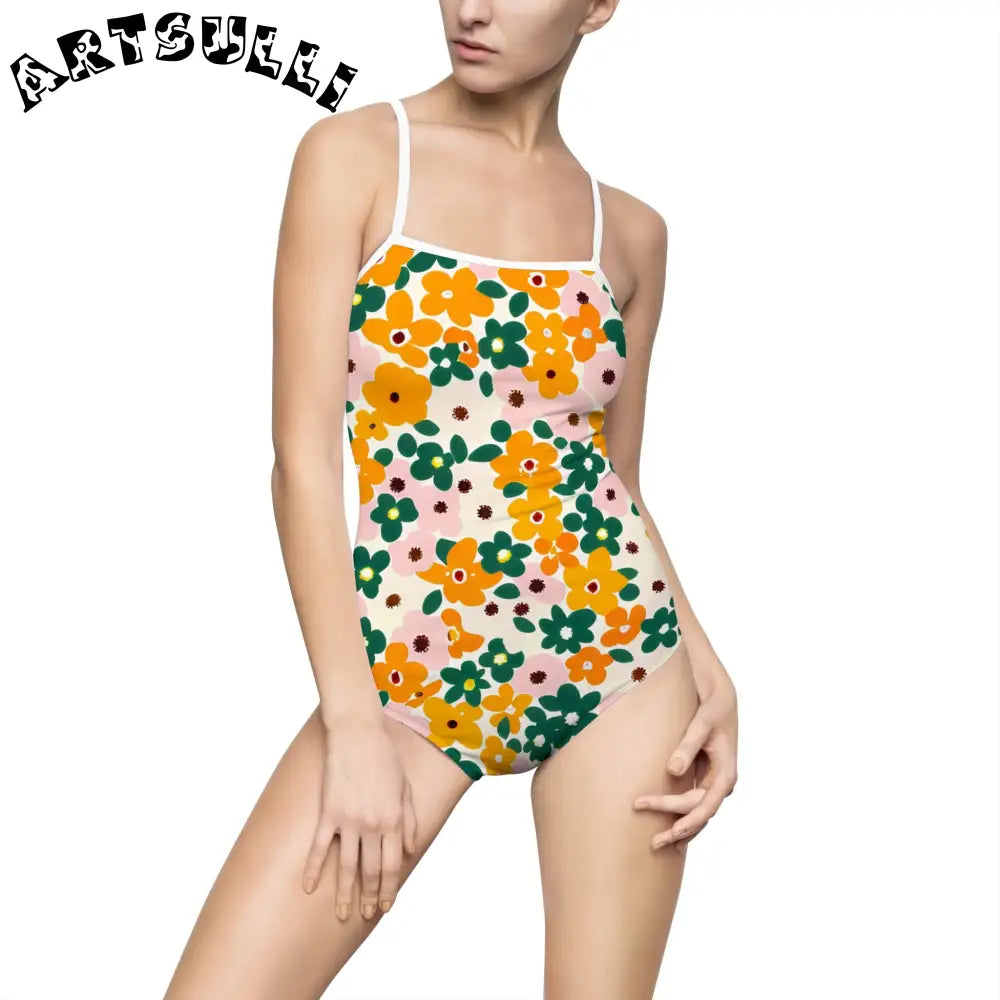 Floral Print Open Back One-Piece Swimsuit, Artsulli - Art is Long, Life is Short, All Over Prints, Size, XS, Color, White, , , 30660449053750007969