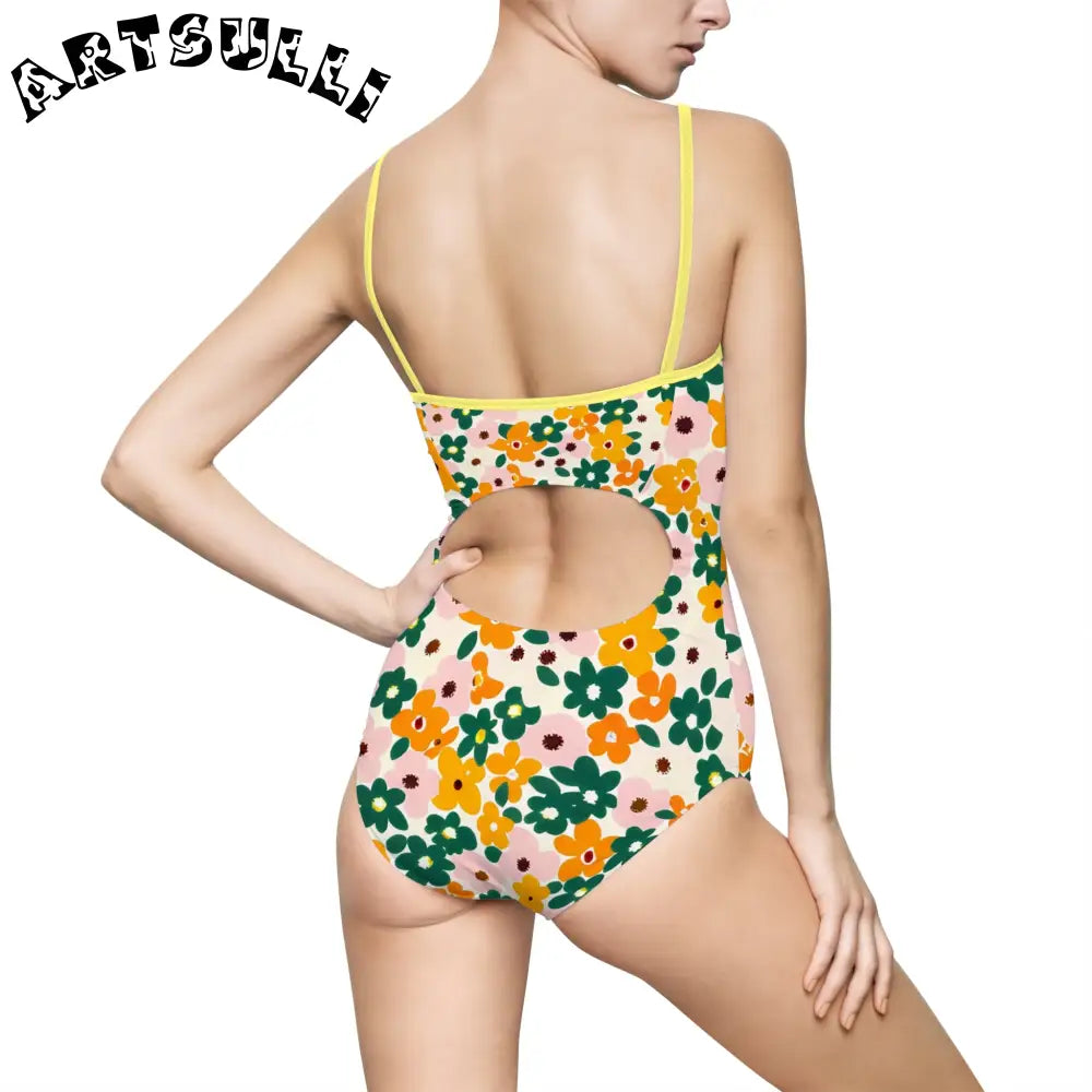 Floral Print Open Back One-Piece Swimsuit, Artsulli - Art is Long, Life is Short, All Over Prints, , , , , , , 