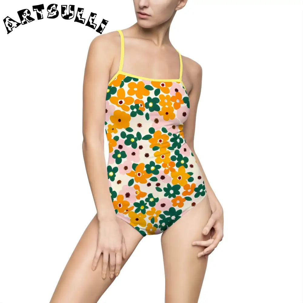 Floral Print Open Back One-Piece Swimsuit, Artsulli - Art is Long, Life is Short, All Over Prints, Size, XS, Color, Yellow, , , 15160566273509578539