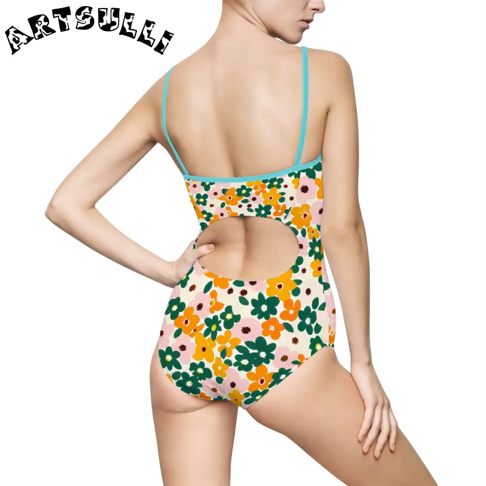 Floral Print Open Back One-Piece Swimsuit, Artsulli - Art is Long, Life is Short, All Over Prints, , , , , , , 