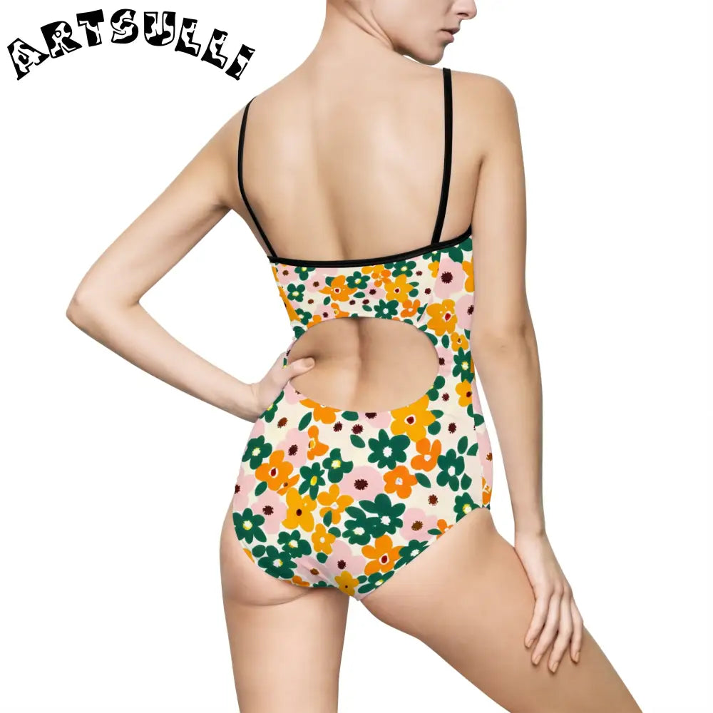 Floral Print Open Back One-Piece Swimsuit, Artsulli - Art is Long, Life is Short, All Over Prints, , , , , , , 
