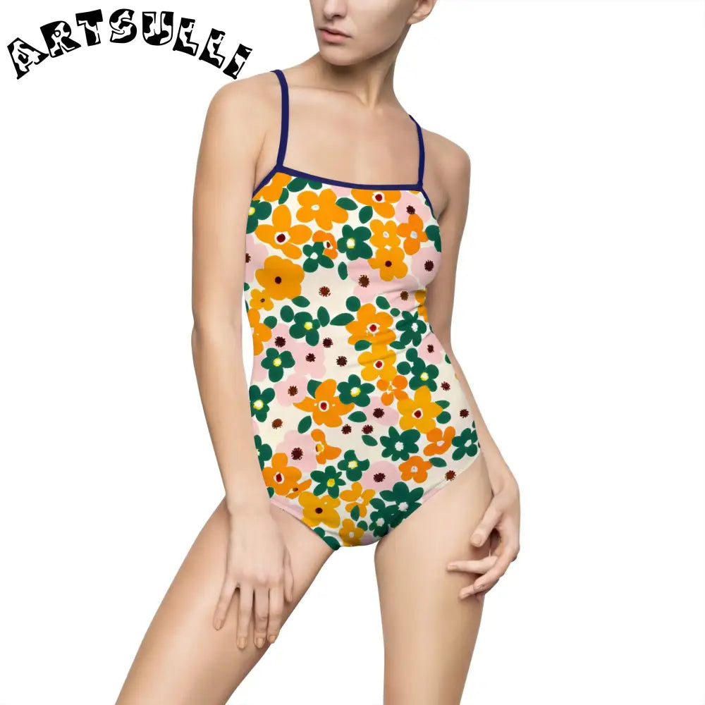 Floral Print Open Back One-Piece Swimsuit, Artsulli - Art is Long, Life is Short, All Over Prints, Size, XS, Color, Navy, , , 86892014326604670771