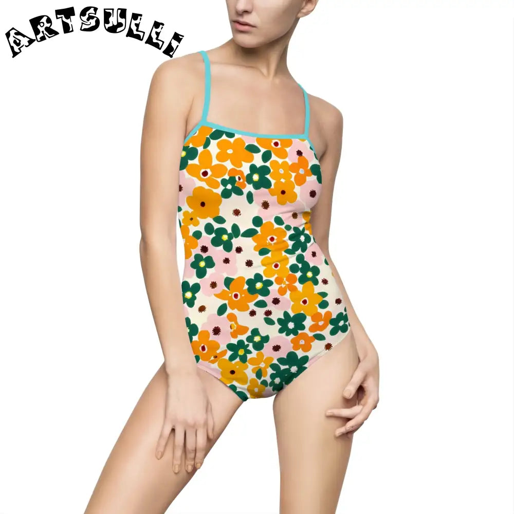 Floral Print Open Back One-Piece Swimsuit, Artsulli - Art is Long, Life is Short, All Over Prints, Size, XS, Color, Ocean, , , 22454883614996228905
