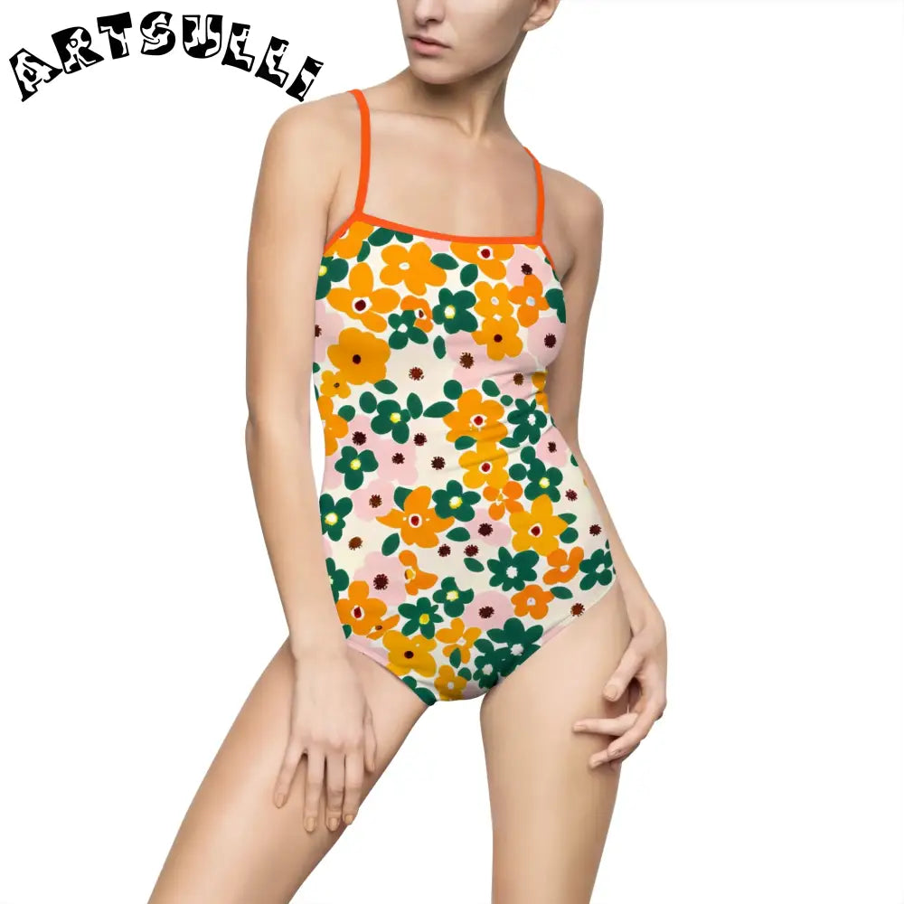 Floral Print Open Back One-Piece Swimsuit, Artsulli - Art is Long, Life is Short, All Over Prints, Size, XS, Color, Orange, , , 73658400880729457551