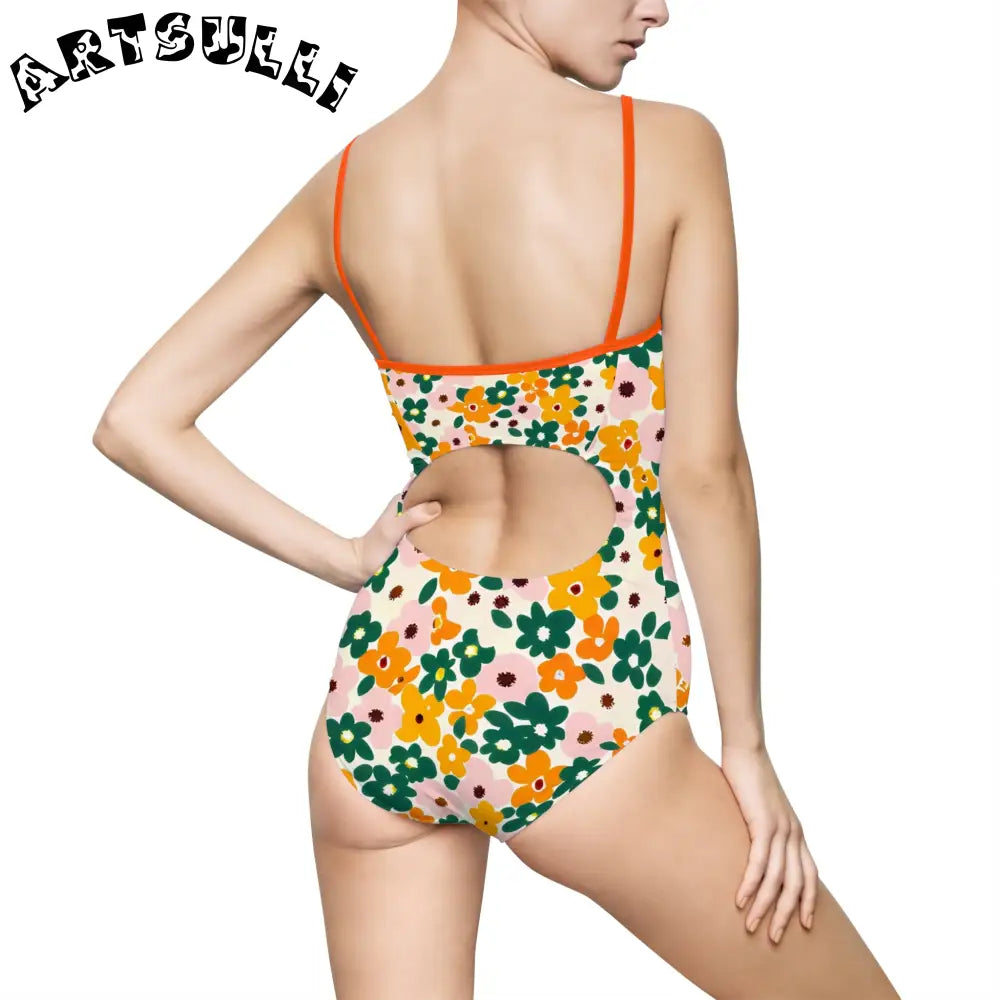 Floral Print Open Back One-Piece Swimsuit, Artsulli - Art is Long, Life is Short, All Over Prints, , , , , , , 