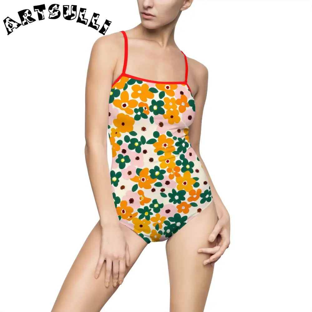 Floral Print Open Back One-Piece Swimsuit, Artsulli - Art is Long, Life is Short, All Over Prints, Size, XS, Color, Red, , , 11506136552743234403