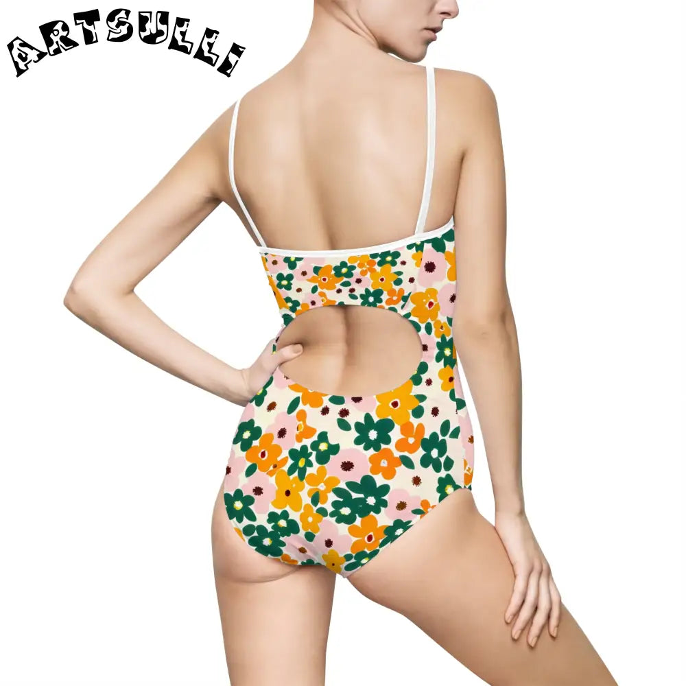 Floral Print Open Back One-Piece Swimsuit, Artsulli - Art is Long, Life is Short, All Over Prints, , , , , , , 