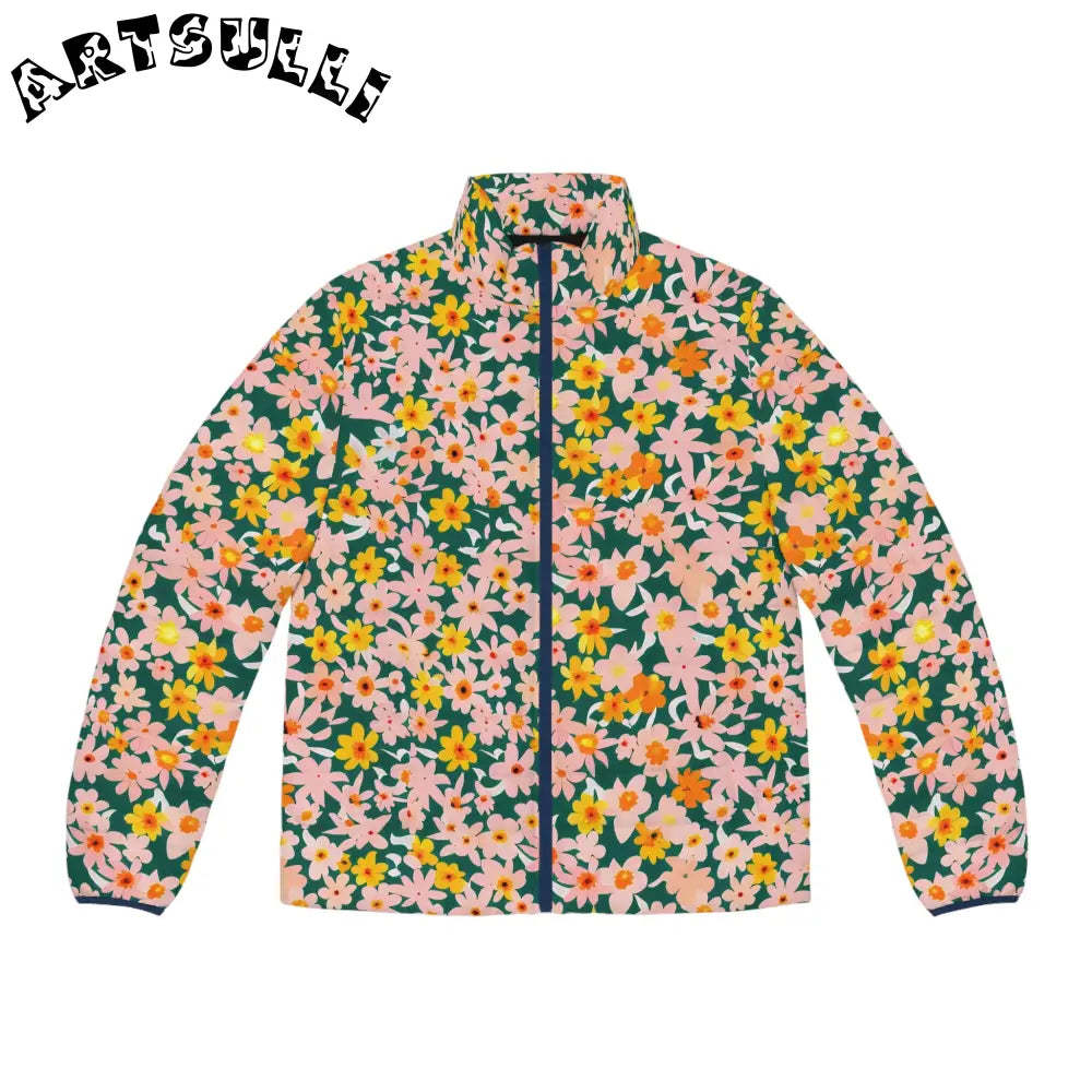 Floral Print Puffer Jacket, Artsulli - Art is Long, Life is Short, All Over Prints, Size, S, Color, Dark blue zipper, , , 23635396190640772504