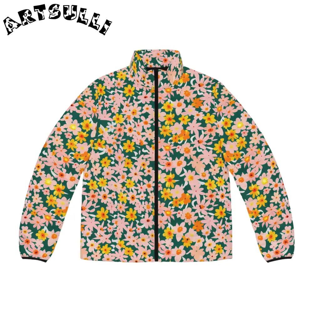 Floral Print Puffer Jacket, Artsulli - Art is Long, Life is Short, All Over Prints, Size, S, Color, Black zipper, , , 24295125196601378815