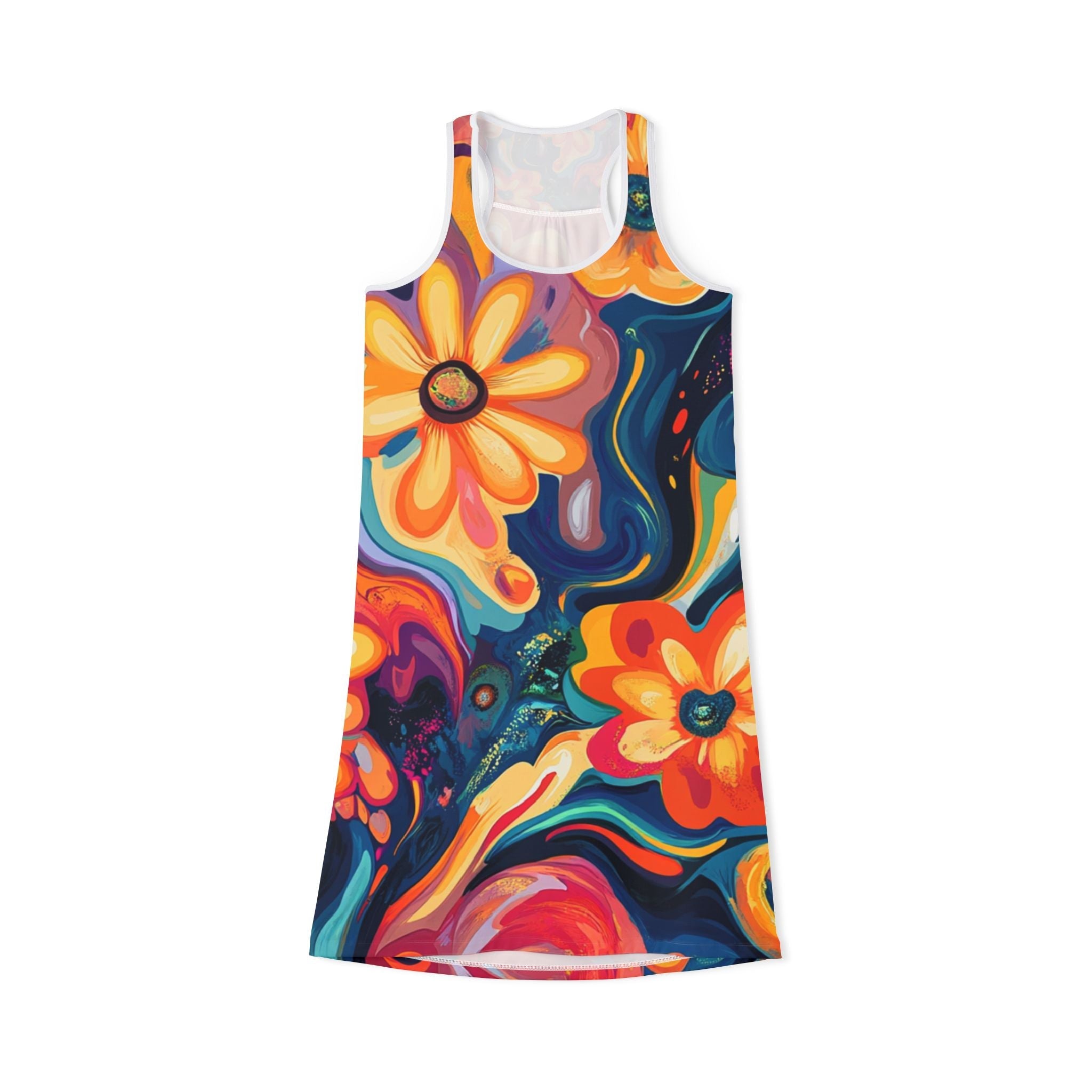 Floral Print Scoop Neck Tank Dress, Artsulli - Art is Long, Life is Short, Tank Top, Size, XS, Color, White, , , 16656990612660843914